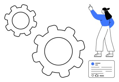 Büyük vites şekillerine ve sosyal medya arayüzüne doğru hareket eden bir kadın. Takım çalışması, yenilik, üretkenlik, teknoloji, iletişim, içerik oluşturma, sosyal bağlantı için idealdir. Düz basit