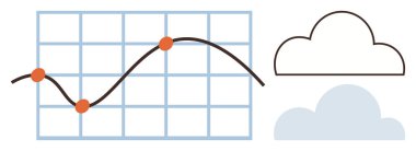 Çizilmiş ve katı bulutların yanında çizilmiş noktalarla çizilmiş bir çizgi grafiği. Veri analizi, eğilimler, tahminler, bulut hesaplaması, istatistik, teknoloji, iş büyümesi için ideal. Basit düz