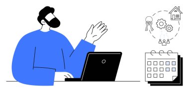 Dizüstü bilgisayar kullanan, takvim ve konut ikonlarına işaret eden biri. Uzak çalışma, emlak yönetimi, zamanlama, verimlilik planlaması, takım çalışması, gayrimenkul, dijital çözümler için ideal