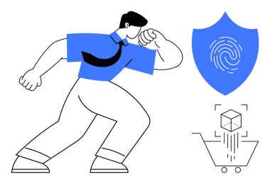 Kalkanın yanında, parmak izi, alışveriş arabası ve teknoloji küpünü temsil eden metaforik güç. Siber güvenlik, e-ticaret, güven, kimlik koruması, yenilik, dijital