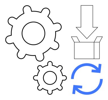 İki vites, bir kutuya giren aşağı doğru ok ve dairesel geri dönüşüm okları işlem otomasyonunu, güncellemeyi, geliştirmeyi, indirmeyi, lojistik, verimlilik ve kaynak optimizasyonunu simgeler.