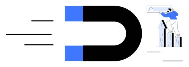 Arama çubuğuyla büyüme çizelgeleri üzerinde duran birini çeken bir mıknatıs. Pazarlama, lider üretim, veri, büyüme stratejisi, müşteri alımı, satış, basit düz metafor