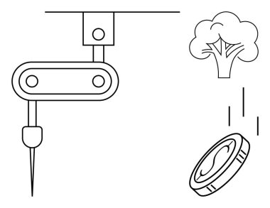 Matkap aletli robotik kol, hareket halindeki bozuk para başparmaklar ve stilize ağaç otomasyon, üretim, çevre dostu teknoloji, yenilik, endüstri eğilimleri ve akıllı üretim önerir