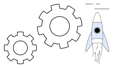 İki vites süreci ve mekaniği simgeler, bir roketin fırlatılması, yenilik, hız, ilerleme ve başlangıç büyümesini yansıtır. Takım çalışması, mühendislik, teknoloji ve problem çözme için ideal