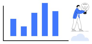 Veri eğilimlerini gösteren mavi çizelge, fikirleri, yeniliği, ilerlemeyi ve başarıyı sembolize eden ampul tutan kişi. Analiz, strateji, iş, yenilik teknolojisi hedefleri takım çalışması için ideal