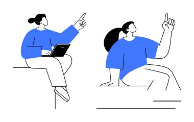 Sıradan kıyafetler içinde, dizüstü bilgisayarlı, yukarı doğru hareketler yapan kişiler. İşbirliği, takım çalışması, fikir üretimi, eğitim, dijital iletişim, yaratıcılık ve ilham için ideal. Basit düz metafor