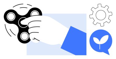 Elle dönen döner döner, vites ve filizlenme ikonlarıyla birlikte. Odaklanma, üretkenlik, yaratıcılık, oyun, rahatlama, büyüme yenilikleri için idealdir. Basit bir düz metafor.