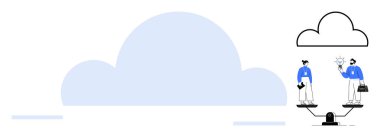 Bulut altında bir ampul ve cihaz tarafından temsil edilen yenilik ve veriyi dengeleyen iki bireyin figürü. Takım çalışması, teknoloji, bulut hesaplama, denge, yenilik, siber güvenlik dijital