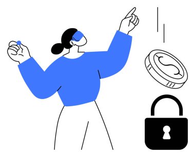 Mavi gömlekli kadın altına kilit simgesi olan bozuk para atıyor. Finans, güvenlik, karar verme, risk yönetimi, gizlilik, yatırım ve servet kavramları için idealdir. Basit düz metafor