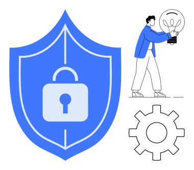 Kilitli asma kilitli bir kalkan, elinde ampul ve çark tutan biri. Güvenlik, yenilik, koruma, mahremiyet, teknoloji problem çözme risk yönetimi için idealdir. Modern basit düz metafor