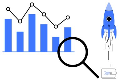 Çubuk ve çizgi çizelgesi büyüteç ve roket fırlatma ile eşleştirildi. Ticari büyüme, analitik, yenilik, başlangıç stratejisi, piyasa araştırması, veri içgörüsü, basit düz metafor