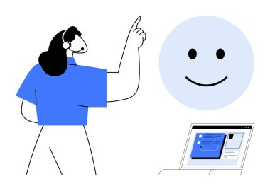 Dizüstü bilgisayarın üstünde gülümseyen bir yüzü gösteren bir kulaklık takan kişi bir web sayfası gösteriyor. Müşteri hizmetleri, geri bildirim, çevrimiçi destek, iletişim, yardım, müşteri ilişkileri için ideal