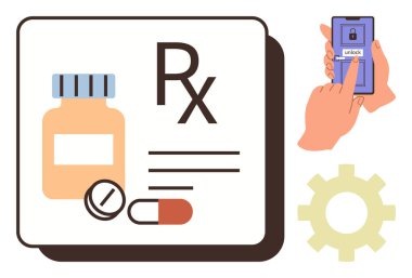 İlaç şişesi, haplar ve akıllı telefonun kilidini açan elin yanında RX. Sağlık, teknoloji, eczane, yenilik, hasta güvenliği teletıp otomasyonu için ideal. Basit düz metafor