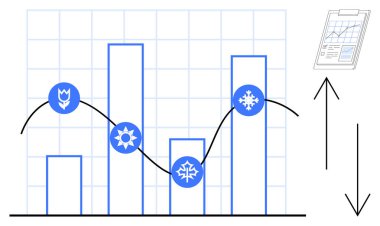 Mevsimlik simgelerle çizelge ve çizgi çizelgesi çiçek, güneş ve kar tanelerini işaret ediyor. Pano veri analizini temsil ediyor. Analiz, iklim araştırması, performans değerlendirmesi, eğilim için ideal
