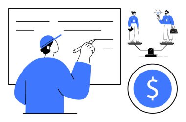 Üzerinde yazan kişi, ampul ve evrak çantasıyla dengede duran iki kişi, dolar işareti bozuk para. Strateji, karar verme, takım çalışması, bütçe planlaması, iş planlaması, eşitlik için ideal