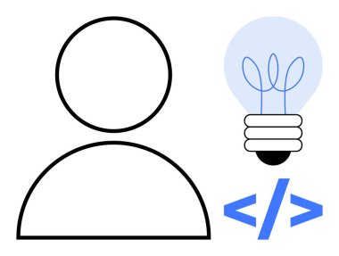 İnsan profili, fikirler için ampul ve kodlama sembolü yaratıcılık, yenilik, programlama, takım çalışması, problem çözme, dijital öğrenme ve girişimciliği temsil eder. Teknoloji için ideal