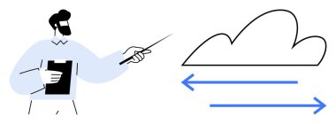Elinde veri alışverişini temsil eden paralel oklarla bulutu gösteren bir pano tutan adam. İş akışı, bulut depolama, bilişim, eğitim, sunum, veri transferi için ideal, basit düz metafor