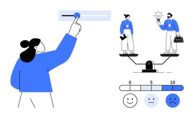 Yenilik ve çabayı temsil eden iki kişi ile kaydırıcı kontrol dengesi ayarlaması. Üzgün yüzlerden mutlu yüzlere geri bildirim skalasını içerir. Takım çalışması, değerlendirme ve liderlik için ideal