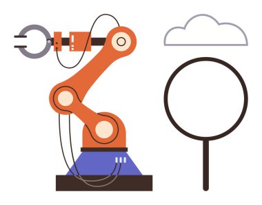 Robot kol, büyüteç ve bulutla görevler yerine getiriyor, otomasyonu, veri analizini, bulut hesaplamasını, yeniliği, araştırmayı, gelecekteki teknolojiyi ve işlem optimizasyonunu sembolize ediyor. İdeal