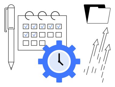 Takvim, kalem, dişli saat, klasör ve oklar yukarı doğru planlama, organizasyon ve büyümeyi gösteriyor. Zaman yönetimi için ideal iş akışı üretkenlik takım çalışması ilerlemesi
