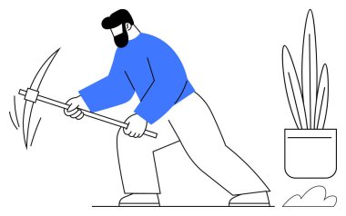 Elinde kazmayla yüzeye çarpan bir adam, yakınlarda bir saksı. Çalışma, sıkı çalışma, kararlılık, inşaat, çaba, üretkenlik ve azim temaları için ideal. Basit düz metafor
