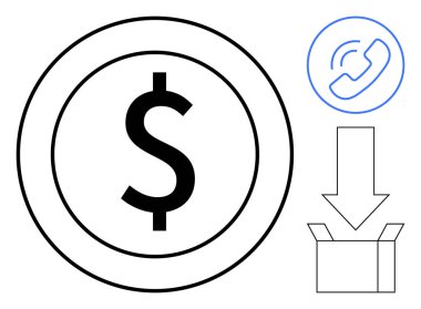 Çemberin içinde dolar işareti, telefon çağrısı simgesi, aşağı ok ve açık kutu ödemeleri, iletişimi, indirmeleri, finans, müşteri desteği ekommerce etkili etkileşimi sembolize eder. Basit düz metafor