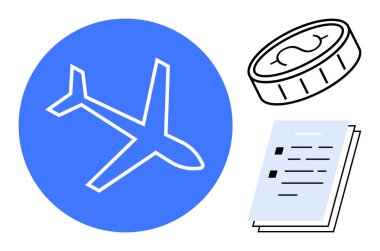 Mavi daireli uçak silueti, bozuk para taslağı ve belgeler seyahat, finans ve evrak işleri kavramlarını vurguluyor. Seyahat, iş, planlama, bütçe belgeleri finansmanı için ideal