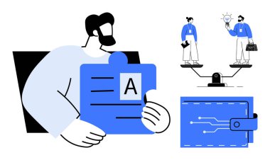 Elinde kimlik kartı olan bir adam, bir ölçekte iki profesyonelin karşılaştırılması ve devre desenli dijital cüzdan. Kimlik, eşitlik, yenilik, seçimler, fintech, takım çalışması için ideal basit düz metafor