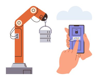 Bir sunucu bloğunu kaldırmak için robot kol ve akıllı telefon onu dijital olarak açmak için kullanılır. Otomasyon için ideal, teknoloji, veri güvenliği, uzaktan erişim, IOT, endüstriyel süreçler, basit düz metafor