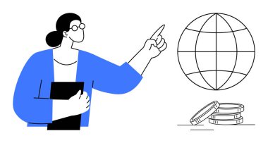 Küresel ekonomi, eğitim, yenilik, finansal planlama, kalkınma, liderlik ve başarıyı temsil eden istiflenmiş madeni paraların yanındaki dünyayı işaret eden kişi. Basit düz metafor için ideal