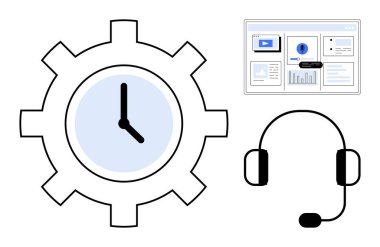 Vites saati verimliliği, analitik gösterge paneli ve iletişim araçları için kulaklığı simgeliyor. Zaman, verimlilik, müşteri hizmetleri, teknik destek, izleme, takım çalışması için ideal basit bir daire