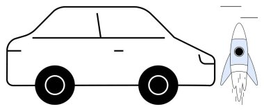 Küçük, minimumda hareket halinde bir roketle yan yana duran siyah bir arabanın ana hatları. Yenilik, teknoloji gelişimi, hız, ulaşım, yaratıcılık, ekolojik gelecekçilik ve verimlilik konuları için idealdir. A
