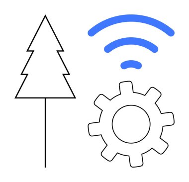 Ağaç, dişli ve kablosuz sinyal birleşerek bağlantıyı, sürdürülebilirliği, teknolojiyi ve modern endüstriyi temsil eder. Çevre teknolojisi, IOT, yenilikçi akıllı sistemler üretmek için ideal