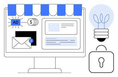 Çevrimiçi mağazası olan masaüstü ekranı, e-posta bildirimi, dijital reklamlar ve ödeme. Kilitli ampul yenilik ve güvenliği simgeler. E-ticaret, pazarlama, yenilik ve ödeme için ideal