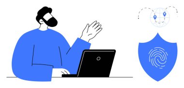 Profesyonel olarak dizüstü bilgisayarda oturmuş, parmak izi ve küresel harita simgeleriyle kalkana doğru hareket ediyor. Siber güvenlik, veri gizliliği, kimlik koruması, çevrimiçi güvenlik, takım çalışması, teknoloji için ideal