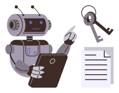 Robot, anahtar ve belgeleri analiz eden bir tablet tutuyor. Yapay zekayı, otomasyonu, siber güvenliği ve veri yönetimini temsil ediyor. Teknoloji, yenilik, güvenlik, yapay zeka etiği öğrenme makinesi için ideal