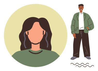 Çeşitli karakterler, sıradan giyinmiş gülümseyen bir adam ve uzun saçlı yüzsüz bir portre. Kapsayıcılık, çeşitlilik, kişisel kimlik, modern tarz, iletişim, temsil, basit