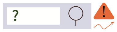 Soru işaretli arama çubuğu, büyüteç, uyarı üçgeni ve ok. Araştırma, problem çözme, yön bulma, ihtiyati soruşturma stratejisi ve analitik için idealdir. Minimalist düz metafor