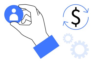 El, dolar işaretinin yanında dairesel oklar ve vites simgeleriyle kullanıcı simgesi tutuyor. Müşteri edinme, işlem otomasyonu, veri odaklı iş, İK yönetimi, kaynak tahsisi, iş akışı için ideal