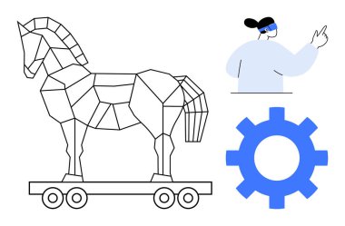 Geometrik Truva atı, VR kulaklık takan kişi, dişli renklendirme teknolojisi. Siber güvenlik, yenilik, dijital riskler, sanal gerçeklik, otomasyon, dikkat için ideal