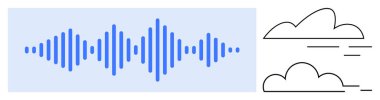 Soyut bulut çizgilerinin yanındaki mavi ses dalgası sembolleri ses, veri depolama ya da iletişimi gösteriyor. Teknoloji, ağlar, bulut hesaplama, ses işleme, bağlantı yeniliği için ideal