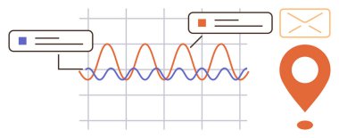 Dalgalı çizgileri, sohbet baloncukları, e-posta zarfı ve konum şifresi olan analitik grafik. Veri içgörüsü, analiz, iletişim, strateji, pazarlama teknolojisi kullanıcı katılımı için idealdir. Basit.