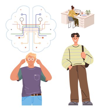 Beyin fırtınası ve yeniliği temsil eden dijital akış şemasına sahip bir grup. Bir kişi masa başında çalışır, diğeri ayakta durur, üçüncüsü ise gözlüklü fikirler hazırlar. Takım çalışması, yaratıcılık ve eğitim için ideal