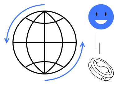 Mavi okları olan dünya, mutlu yüz sembolü ve küresel ticaret, ekonomi, büyüme, dijital bağlantı ve uluslararası işbirliği öneren madeni para. Finans ve ticaret takım çalışması ekonomisi için ideal