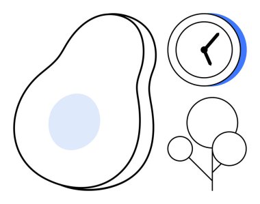 Tohumlu avokado şekli, mavi aksanlı saat ve stilize ağaç dalları. Doğa, zaman, sağlıklı beslenme, denge, minimalizmin sürdürülebilirliği ve modern yaşam tarzı için idealdir. Basit düz metafor