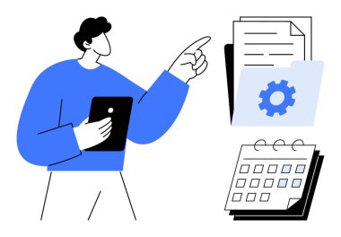 Tabletle organize dosyaları gösteren kişi, dişli klasördeki belgeler ve bir takvim. Zaman yönetimi, proje planlaması, dijital iş akışı, takım çalışması, zamanlaması, üretkenlik için ideal