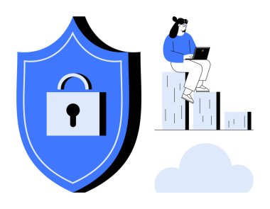 Kilitli kalkan güvenliği simgeler. Dizüstü bilgisayarı olan kadın bulut elementinin yanında oturuyor. Siber güvenlik, veri gizliliği, çevrimiçi güvenlik, veri depolama, bulut hesaplama, analitik için ideal