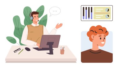 Müşteri portresi ve performans grafikleri ile sanal toplantı sırasında masasında el kol hareketi yapan kişi. İletişim, destek, iş birliği, müşteri hizmetleri, eğitim, danışmanlık için ideal