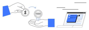 Eller, dijital işlemleri ve kripto para birimini simgeleyen bir dizüstü bilgisayar arayüzü ile jetonla dolar değişimi yapıyor. Finans, engelleme zinciri, teknoloji, yatırım, e-ticaret ve ekonomi için ideal