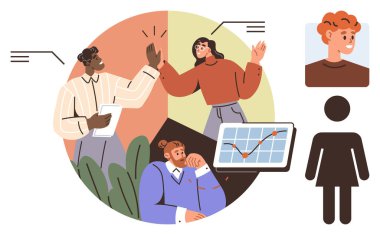 Çeşitli iş arkadaşları beşlik çakıyor, grafikleri analiz ediyor ve beyin fırtınası yapıyor. Vesikalık fotoğraf, siluet, takım çalışması, büyüme, kapsama. Liderlik planlaması için işbirliği için ideal